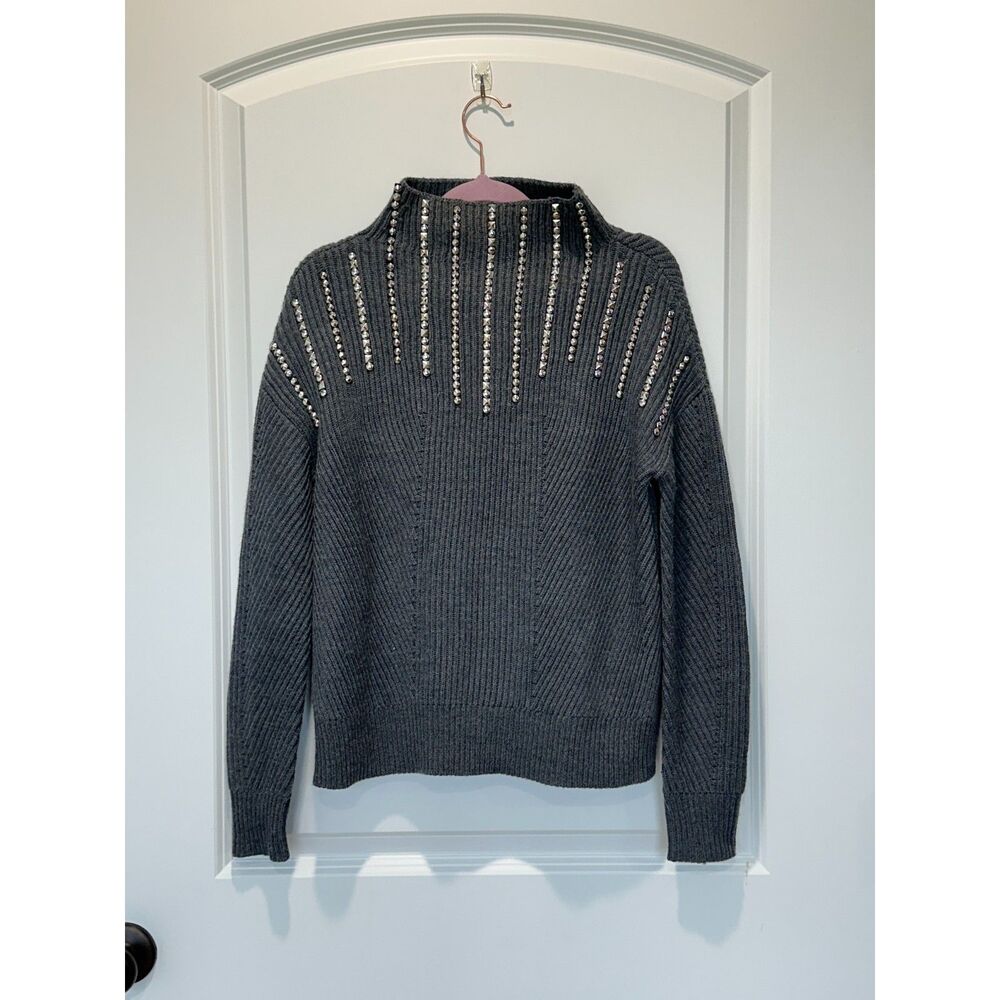 Karen Millen Studded Mock Neck Gray Wool Blend Sweater Size XS